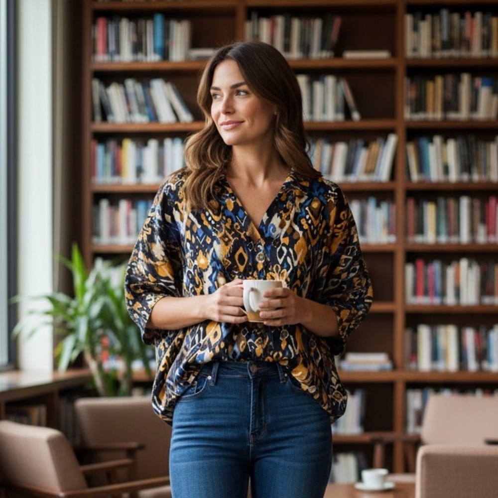 Umgee Blue and Orange Patterned Blouse
